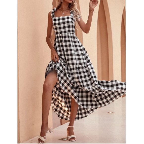 Boho Knot Strap Flounce Hem Gingham Dress Black/White - Picture 3 of 6